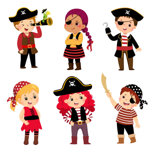 vektor-illustration-cartoon-set von niedlichen kindern in piratenkostümen gekleidet. - seeräuber stock-grafiken, -clipart, -cartoons und -symbole