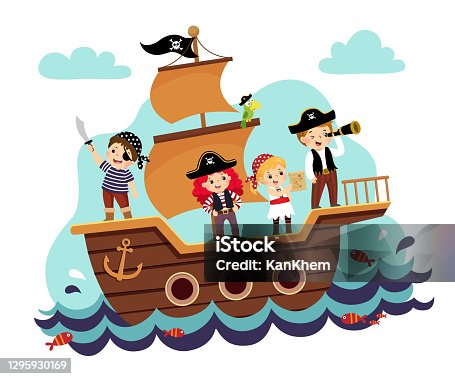 istock Vector illustration cartoon of kids pirates on the ship at the sea. 1295930169
