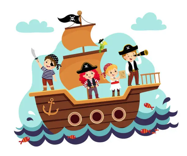 Vector illustration of Vector illustration cartoon of kids pirates on the ship at the sea.