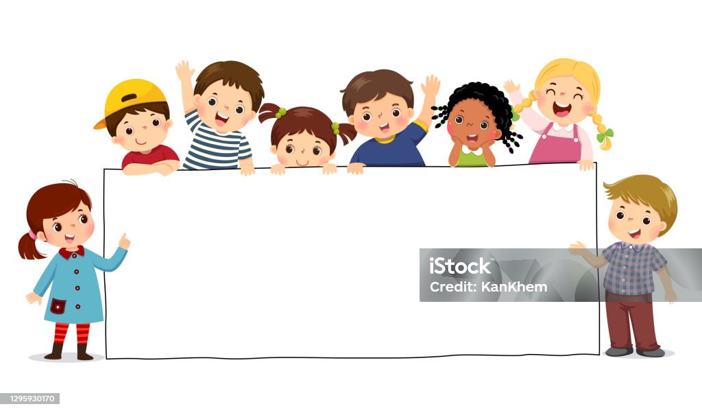 Vector Illustration Cartoon Of Children Holding Blank Sign Banner Template  For Advertising Stock Illustration - Download Image Now - iStock