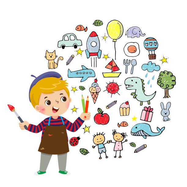 白い背景に色鉛筆とブラシで絵を描く小さな少年アーティストのベクターイラスト漫画。 - sun sky child balloon点のイラスト素材／クリップアート素材／マンガ素材／アイコン素材