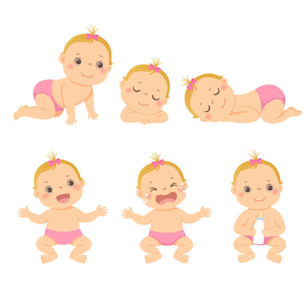 illustrazioni stock, clip art, cartoni animati e icone di tendenza di illustrazione vettoriale cartone animato set di simpatico bambino o bambina bambina in diverse attività. - diaper baby crawling cartoon