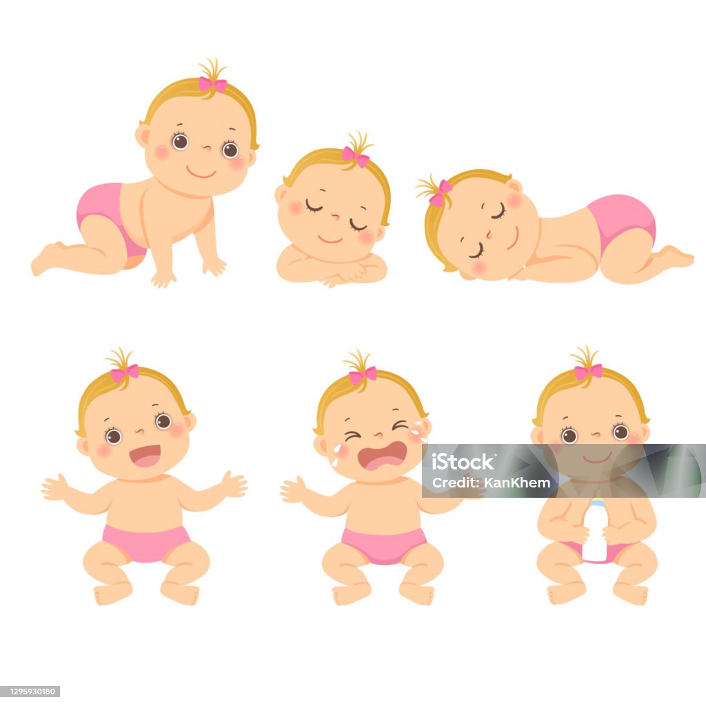 Vector Illustration Cartoon Set Of Cute Little Baby Or Toddler Girl In  Different Activity Stock Illustration - Download Image Now - iStock