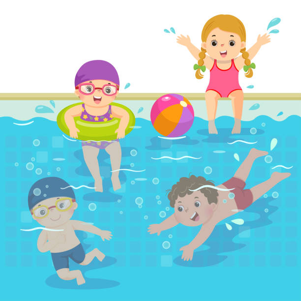 ilustrações, clipart, desenhos animados e ícones de desenho animado de ilustração vetorial de crianças felizes nadando na piscina. - boia equipamento de desporto aquático