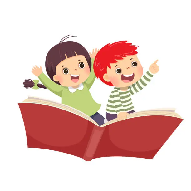 Vector illustration of Vector illustration cartoon of happy kids flying on the book on white background.