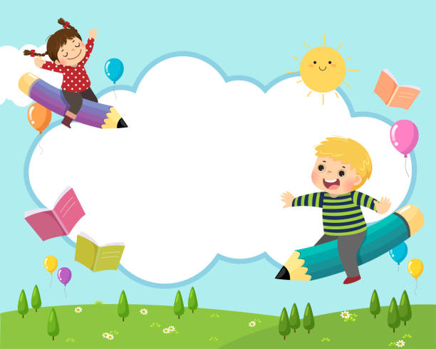 Back to school background concept with happy school kids riding a flying pencil in the sky. vector art illustration