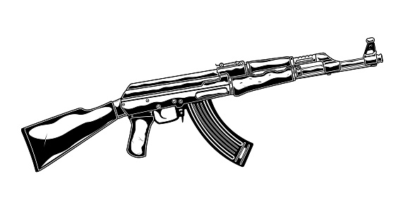Vintage monochrome detailed illustration of Kalashnikov assault rifle. Isolated vector template Eps 10