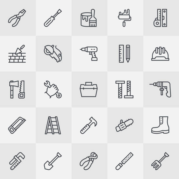 reparaturwerkzeuge dünne linie icons - überholen stock-grafiken, -clipart, -cartoons und -symbole