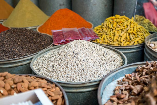 Spices and herbs for sale in the food souk in the Medina of Fes in Morocco