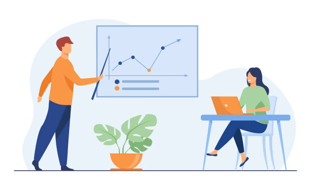 Business coach showing growth graph to businesswoman Business coach showing growth graph to businesswoman. Laptop, training, statistics flat vector illustration. Analytics and management concept for banner, website design or landing web page desk clipart stock illustrations