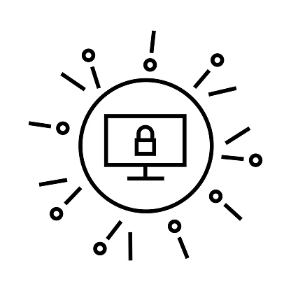 Cybersecurity outline icon. Endpoint protection concept. Locked computer under protection. Simple line art isolated illustration