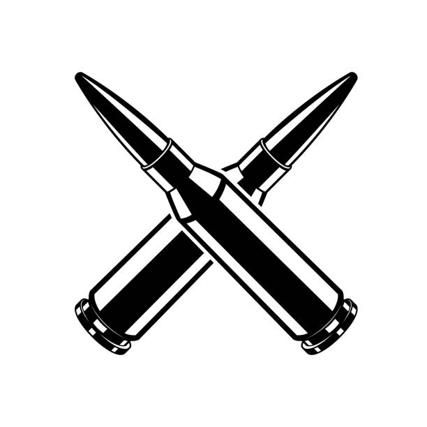 ilustraciones, imágenes clip art, dibujos animados e iconos de stock de cartucho cruzado monocromo para ilustraciones de ametralladoras. plantilla vectorial aislada - gun weapon military m16