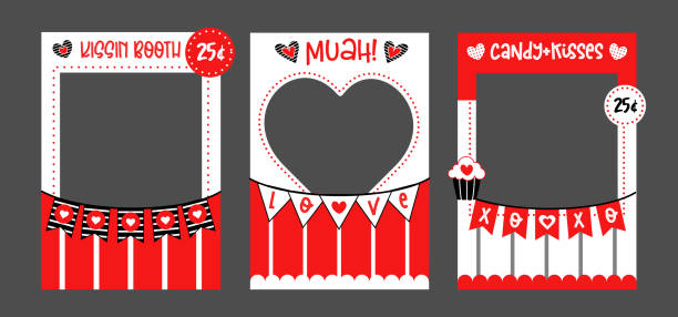 Photo booth props frame Valentines Day wedding Photo booth props frame for Valentines Day and wedding party. Marriage or Love celebration. Candy and kisses booth. Giant cut out design. Red and white vector photo frame. Selfie photobooth.Â booth photos stock illustrations