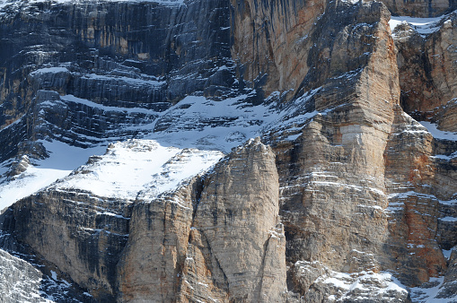 Sasso della Croce mountain group in winter season. Dolomites, Val Badia. South Tyrol in Italy.