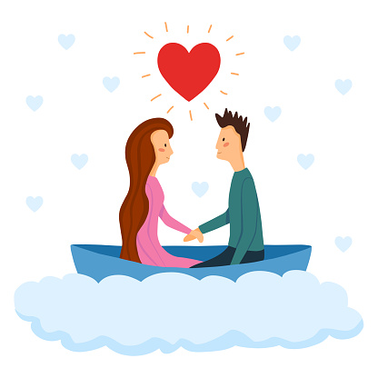 Romantic card lover couple woman and man holding a hand in boat on cloud with hearts. Design for poster, banner, flyer, web, card, invitation, wallpaper, paper, wedding, Valentine's or mother day.