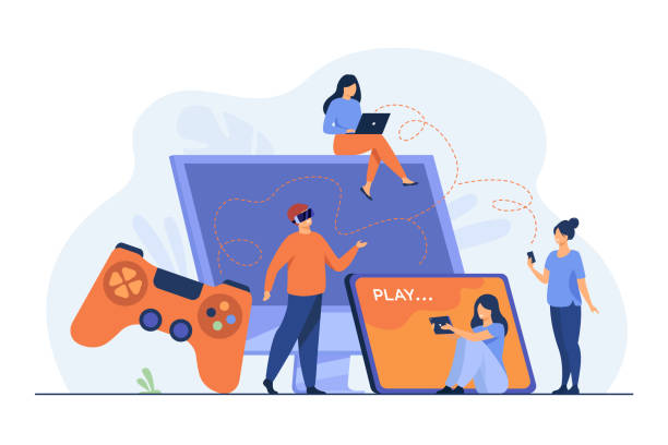 Gamers using different devices and playing on mobile phone Gamers using different devices and playing on mobile phone, tablet, laptop, console. People enjoying VR 3G games. Vector illustration for cross play, game hardware concepts cross match stock illustrations