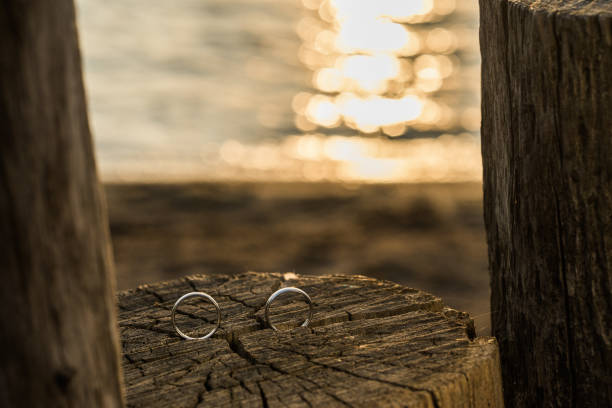 Wedding rings lying on a wooden Pole at the beach during sunset