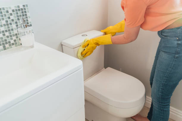 Home Hygiene is Important An unrecognizable mid-adult caucasian woman wearing protective yellow gloves is cleaning the toilet with a sponge in her bathroom at her home in Hartlepool. hartlepool photos stock pictures, royalty-free photos & images