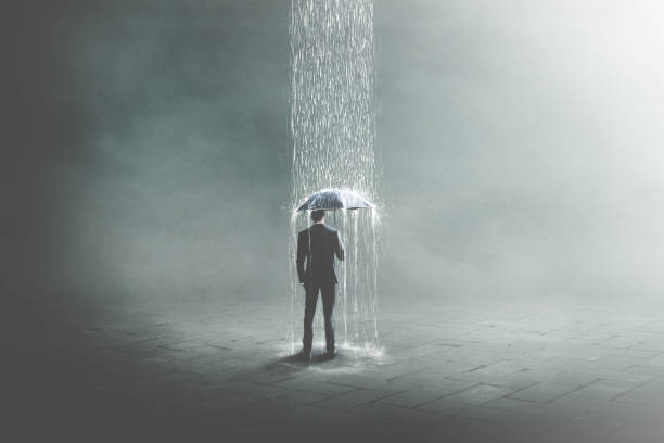 illustrazione 3d di sfortunato uomo d'affari sotto la pioggia, concetto surreale - divinità illustrazioni foto e immagini stock