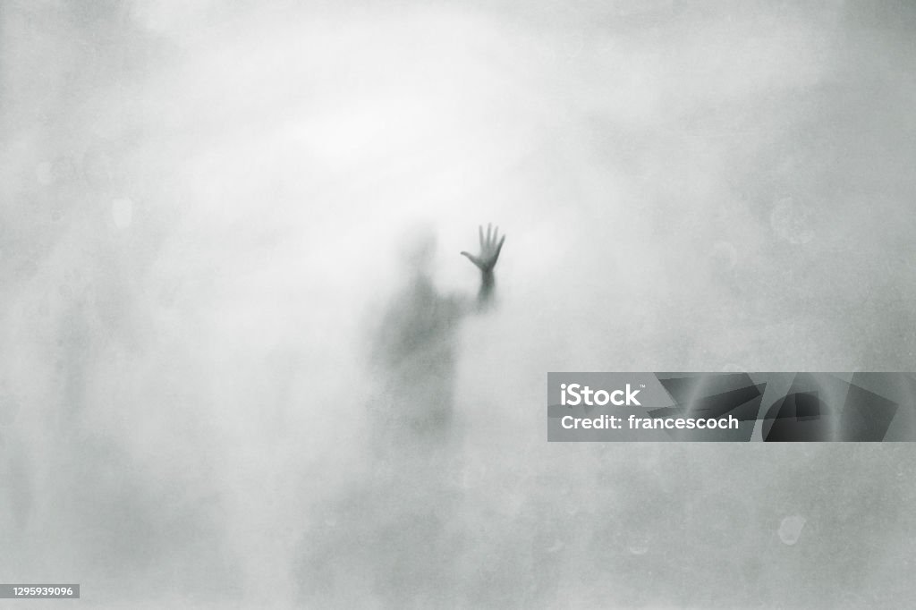 illustration of mysterious man behind glass surface, creepy abstract concept Ghost Stock Photo