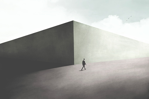 illustration of business man walking toward the light, surreal minimal concept