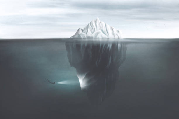 水中の氷山の暗い側面を照らすトーチを持つスキューバダイバーのイラスト、シュールな心のコンセプト - 隠れる ストックフォトと画像