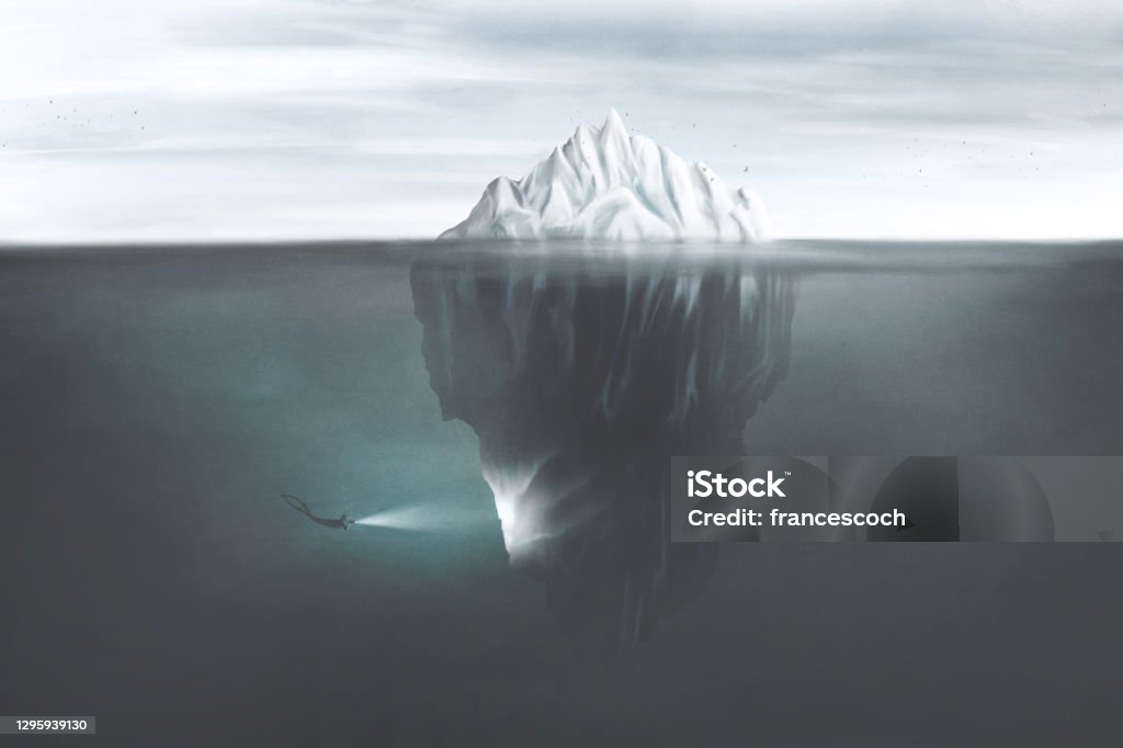 illustration of scuba diver with torch illuminating the dark side of the iceberg underwater, surreal mind concept Iceberg - Ice Formation Stock Photo