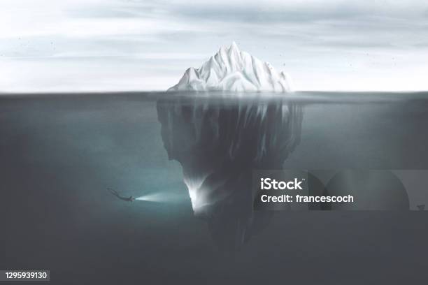 Illustration Of Scuba Diver With Torch Illuminating The Dark Side Of The Iceberg Underwater Surreal Mind Concept Stock Photo - Download Image Now