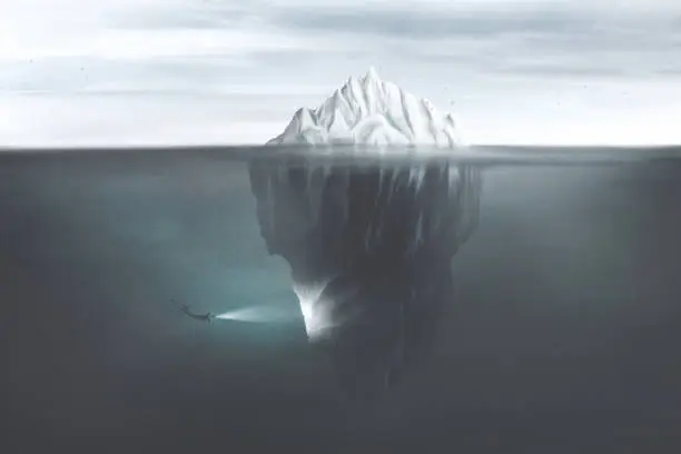 illustration of scuba diver with torch illuminating the dark side of the iceberg underwater, surreal mind concept