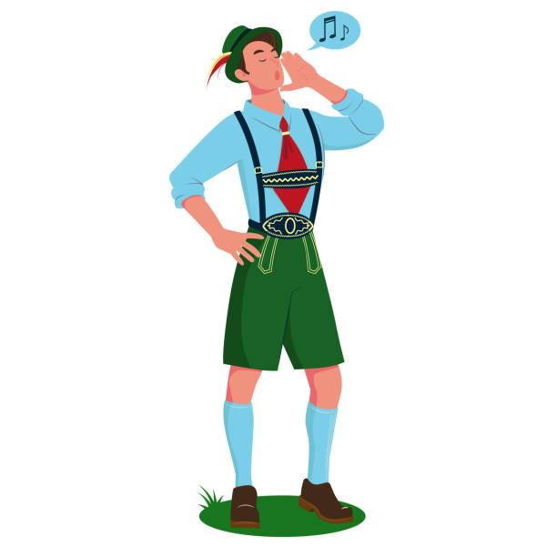 A young man singing a yodel in traditional Bavarian costume. Vector cartoon illustration. A young man singing a yodel in traditional Bavarian costume. Vector cartoon illustration isolated on white background. Lederhosen stock illustrations