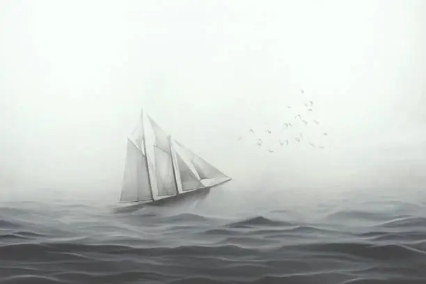 Photo of illustration of sailing ship facing the sea