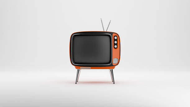 retro tv leere bildschirmvorlage. mockup auf gelbem hintergrund - fernsehstudio stock-fotos und bilder