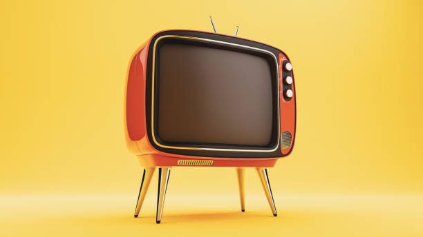istock Retro TV blank screen template. Mockup on yellow background 1295940536
