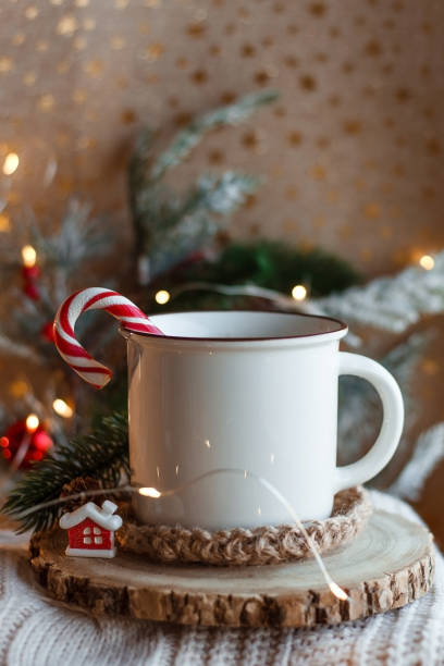istock Cocoa mug on wooden stand and knitted sweater 1295940988