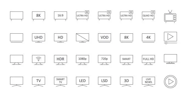 Vector illustration of Vector TV icons. Editable stroke. Ultra HD 8K 5K 4K 2K television. LED LCD display screen Full HD. Retro TV play video SMART 16: 9 diagonal 3D signal