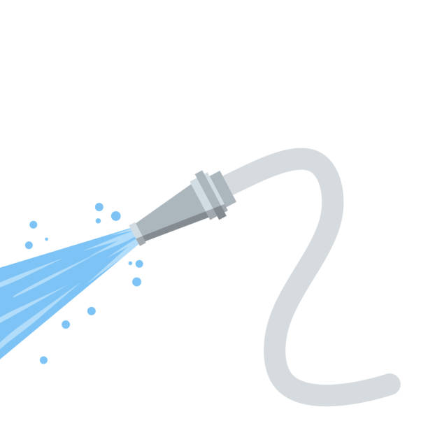 Hose. Jet of water. Fire fighting and watering of the lawn. Grey tube. Flat cartoon illustration isolated on white Hose. Jet of water. Fire fighting and watering of the lawn. Grey tube. lat cartoon illustration isolated on white water hose stock illustrations