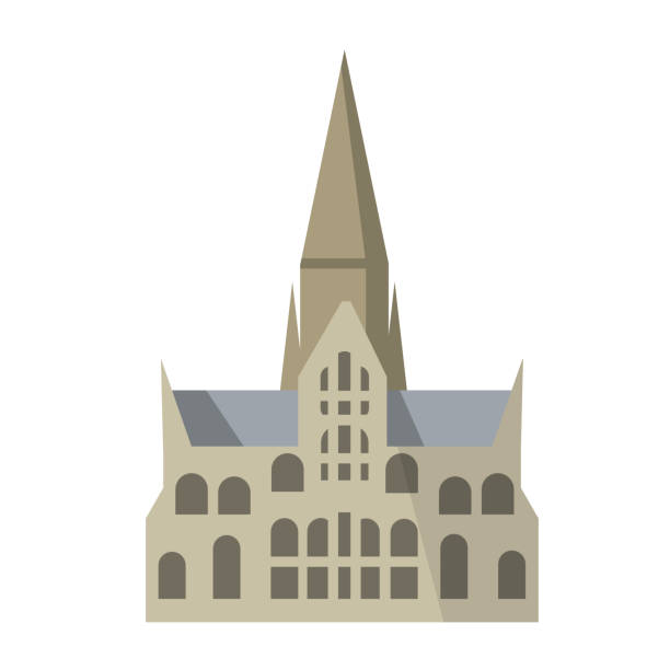 ilustrações, clipart, desenhos animados e ícones de catedral de salisbury da virgem maria. igreja gótica na inglaterra. prédio religioso anglicano. - church steeple vector christianity