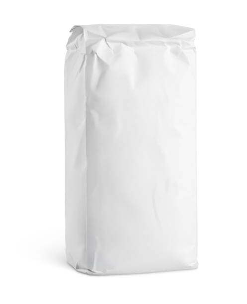 White blank paper bag package of flour Blank white paper bag package of flour isolated on white background with clipping path sack photos stock pictures, royalty-free photos & images