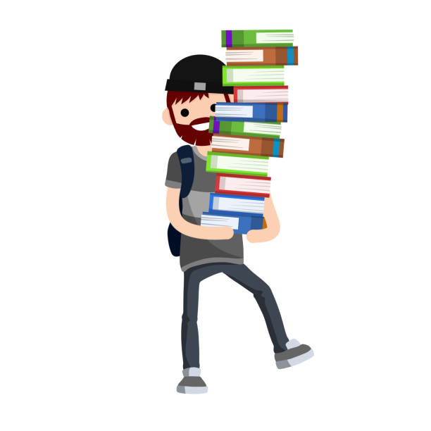istock Student carries large pile of books. Heavy load in hands of man with backpack. 1295942496