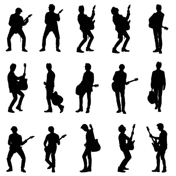 illustrazioni stock, clip art, cartoni animati e icone di tendenza di collezione silhouettes di musicista rock chitarrista maschile che suona chitarra elettrica e acustica. - chitarrista