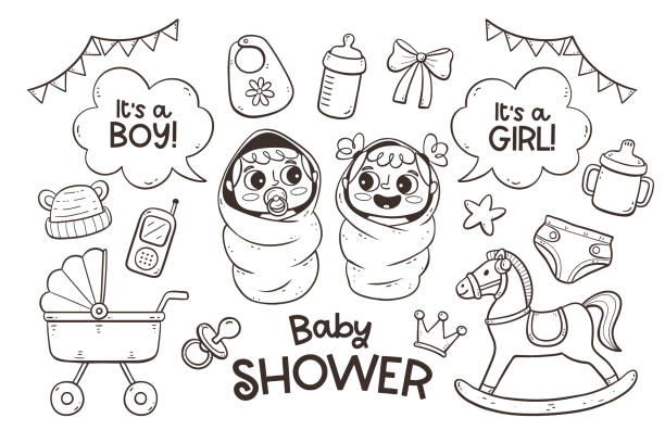 illustrations, cliparts, dessins animés et icônes de collection douche de bébé doodle - cartoonist