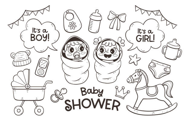 ilustrações, clipart, desenhos animados e ícones de coleção de chá de bebê doodle - baby clothing its a girl newborn baby goods