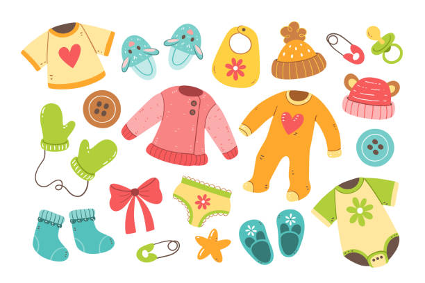 Colorful Baby Clothes Collection Set of cute hand drawn baby and newborn clothes and accesories isolated on white background. Colorful vector illustration. baby bib stock illustrations