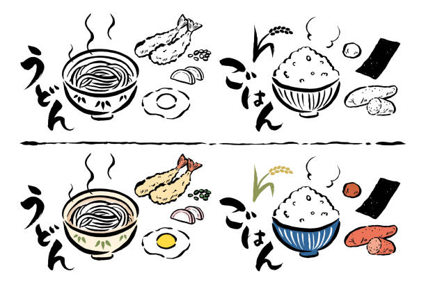 ilustrações, clipart, desenhos animados e ícones de macarrão de trigo japonês e arroz por um pincel - rice food processed grains bowl