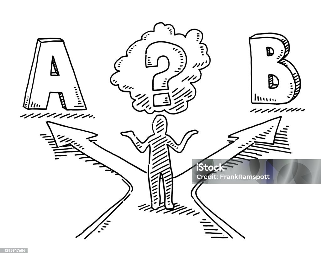 Human Figure Decision Concept Drawing Hand-drawn vector drawing of a Human Figure Decision Concept. Black-and-White sketch on a transparent background (.eps-file). Included files are EPS (v10) and Hi-Res JPG. Choice stock vector