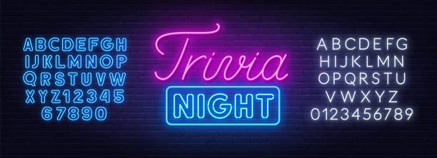 Trivia night neon sign on a brick wall. Trivia night neon sign on a brick wall. White and blue neon alphabets. trivia stock illustrations