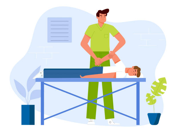 illustrazioni stock, clip art, cartoni animati e icone di tendenza di un fisioterapista che fa un massaggio terapeutico a un paziente sdraiato su un tavolo in una clinica. design piatto illustrazione. vettore - osteopata