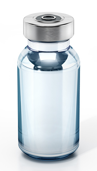 Vaccine bottle with a blue transarent liquid isolated on white.