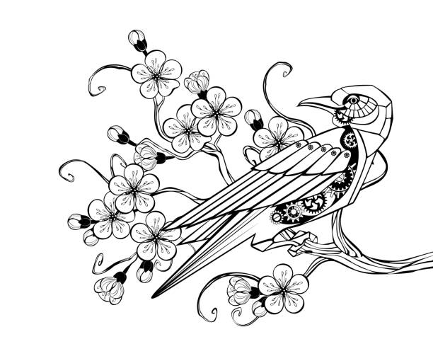 Outline mechanical bird Outline black mechanical bird with gears sits on blossoming sakura branch. Steampunk style. steampunk fashion stock illustrations