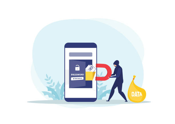 illustrations, cliparts, dessins animés et icônes de attaque de voleur avec l’aimant attirent des données personnelles sur l’illustration de concept de téléphone - 2547